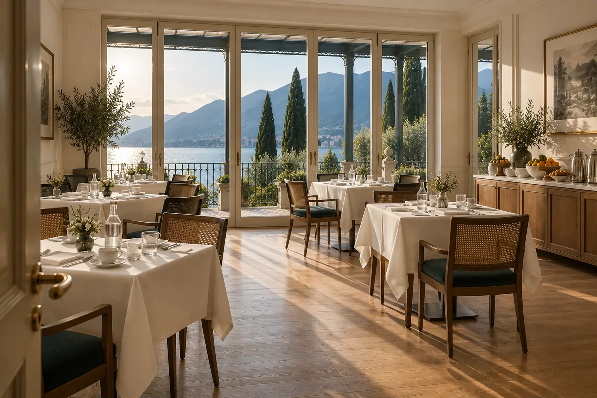 Sala colazione con la veranda sul lago al mattino presto