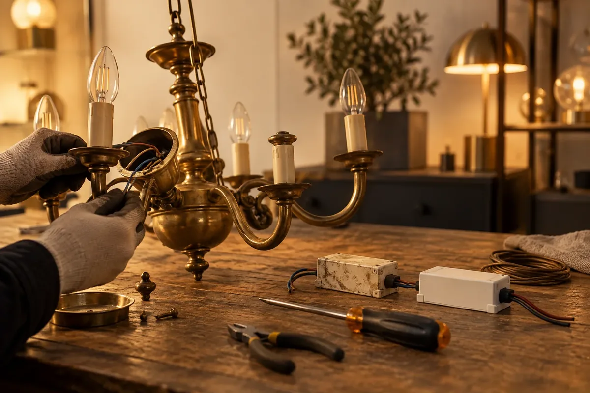 Banco di riparazione con un lampadario smontato
